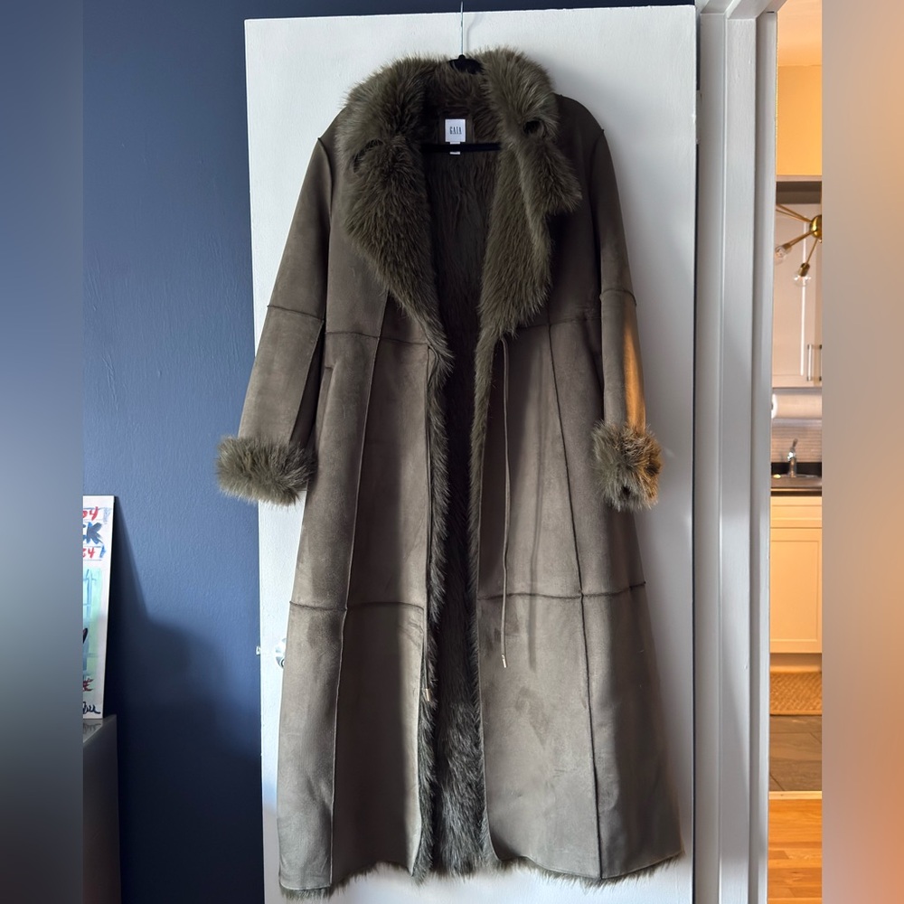 Cult Gaia Khaki Teddy Jacket with Faux Fur Trim